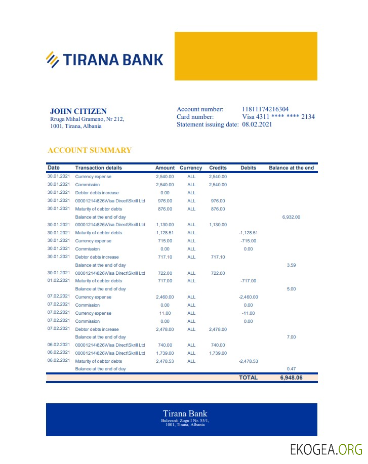 Albanie Tirana Relevé bancaire xls